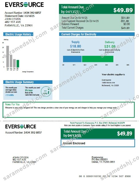 USA Eversource utility bill template in Word and PDF formats, version 2